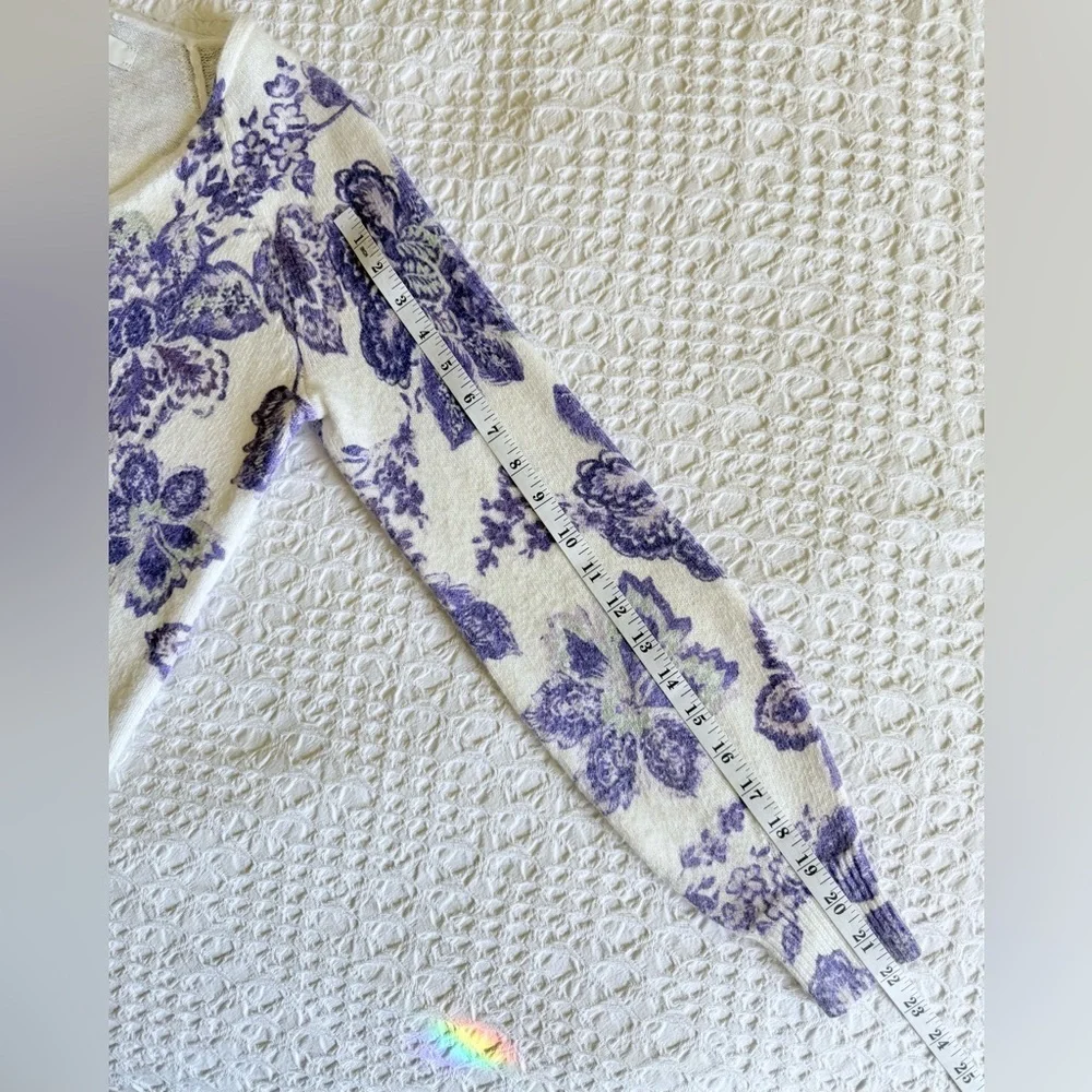 LOFT Floral V-Neck Sweater Purple Off-White Cotton Blend Long Sleeve Women’s Sm